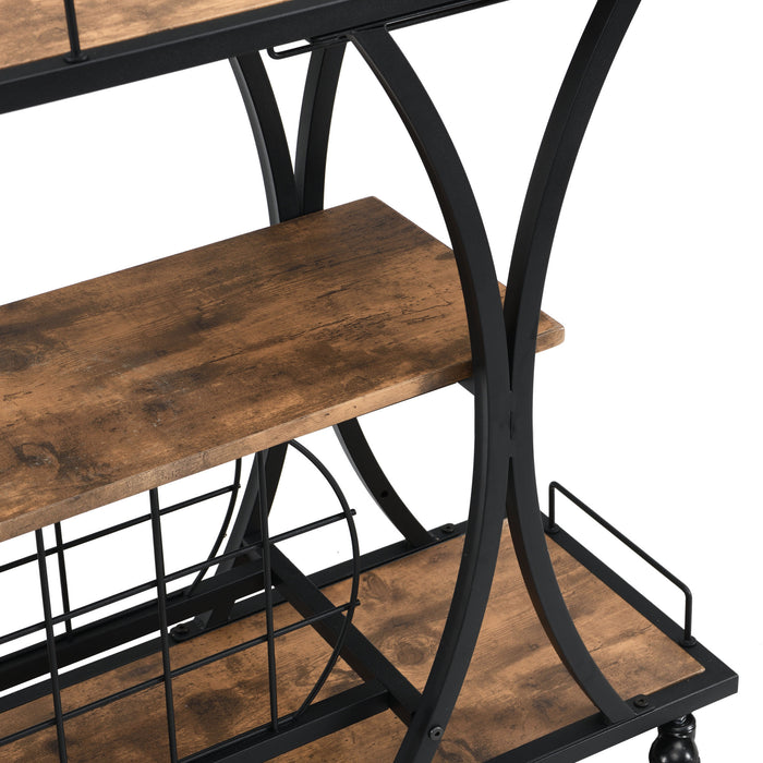 Industrial Black Bar Serving Cart for home with Wine Rack and Glass Holder, 3-tier Shelves, Metal Frame