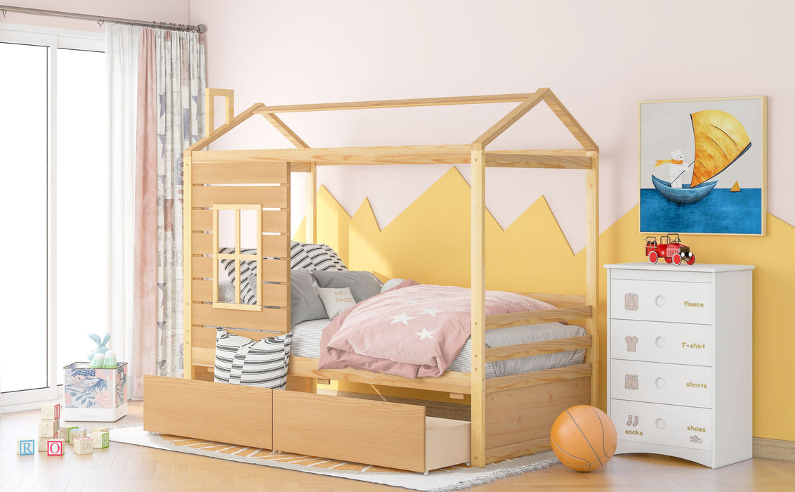 Twin Size House Bed Wood Bed with Two Drawers
