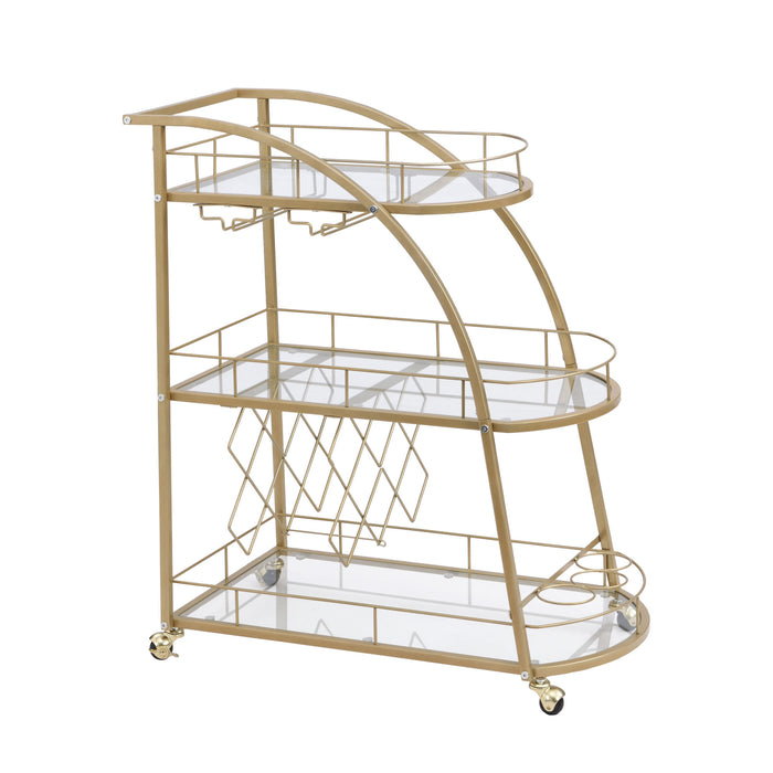 Golden Mobile Bar Serving Cart with Wine Rack and Glass Holder, 3-tier Shelves, Metal Frame and Temper Glass