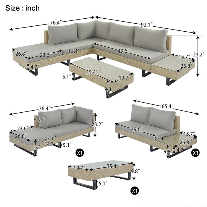 3-piece Outdoor Wicker Sofa Patio Furniture Set, L-shaped Corner Sofa, Water And UV Protected, Two Glass Table, Adjustable Feet And 3.1" Thicker Cushion, Light Gray Cushion and Beige Wicker