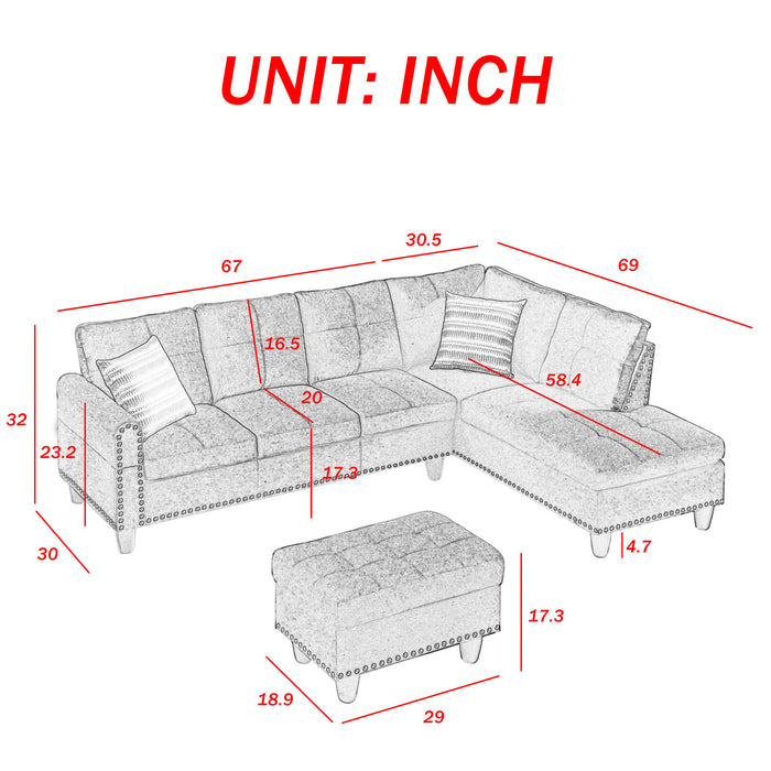 Modern Sectional Sofa Set with Chaise Lounge and Storage Ottoman 6 Seat Corner Sectional Black L Shaped Living Room Couch with Cupholder, Arm with nail, Right chaise