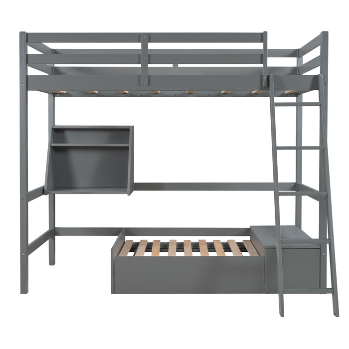EZ Bunkz Twin Size Loft Bed Wood Bed with Convertible Lower Bed, Storage Drawers