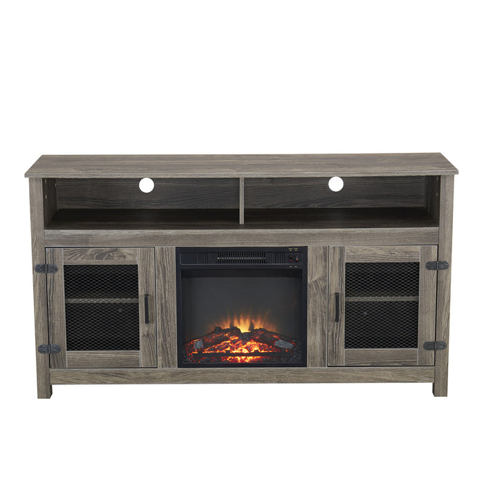 Modern Farmhouse TV Stand with Electric Fireplace, Fit up to 65" Flat Screen TV with Storage Cabinet and Adjustable Shelves Industrial Entertainment Center for Living Room, Grey