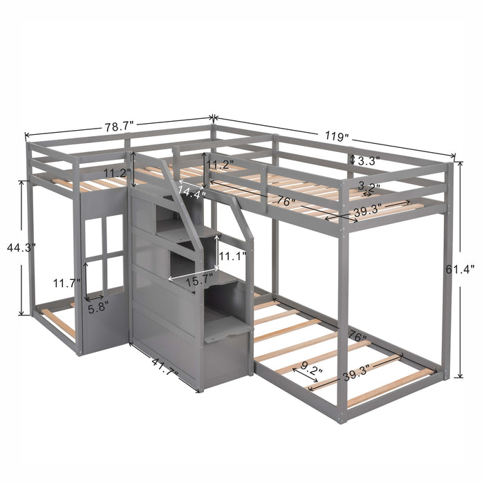 Twin over Twin L-Shaped Bunk Bed with Built-in Middle Staircase