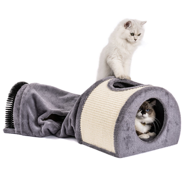 Cat Tunnel Bed Cat House Sisal Scratching Bed with Self Groomer Massager Plush Balls Collapsible for Indoor Cats