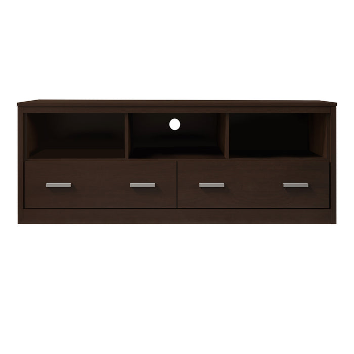 DunaWest 59 Inch Wooden TV Stand with 2 Drawers and 3 Open Compartments, Tobacco Brown