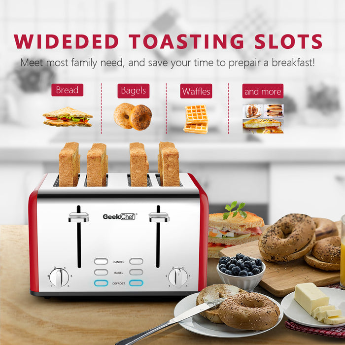 Toaster 4 slices, geek chef stainless steel extra-wide slot toaster, dual control panel with bagel/defrost/cancel function, 6 shade settings for baking bread RT