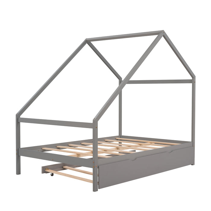 New Space Full Size Wooden House Bed With Twin Size Trundle