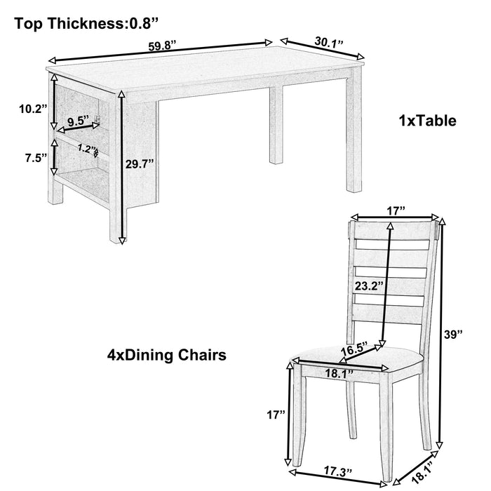 Farmhouse Wood 5-Piece Dining Table Set with 2-Tier Storage Shelves,Kitchen Set for 4 with Padded Dining Chairs