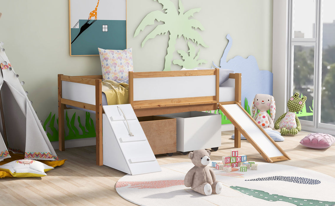 New Space Twin size Low Loft Bed Wooden Bed with Two Storage Boxes