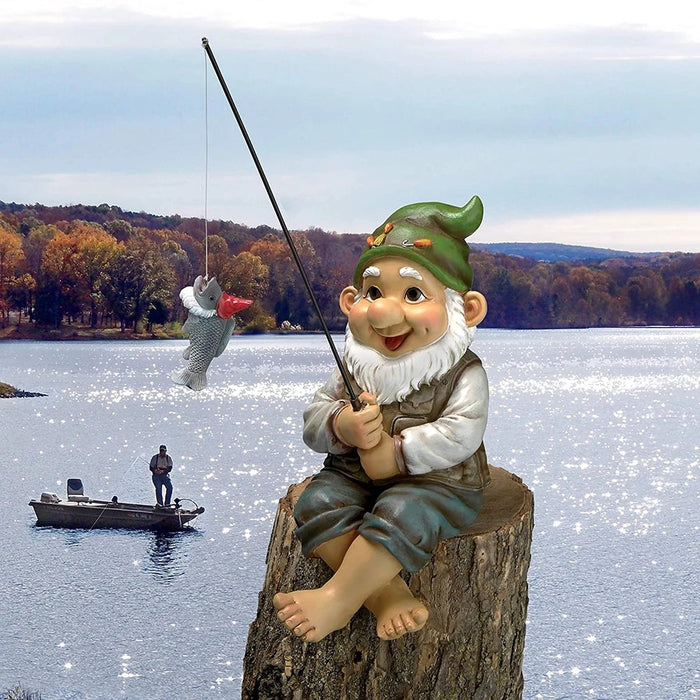 Fishing Gnome Statue Sitter