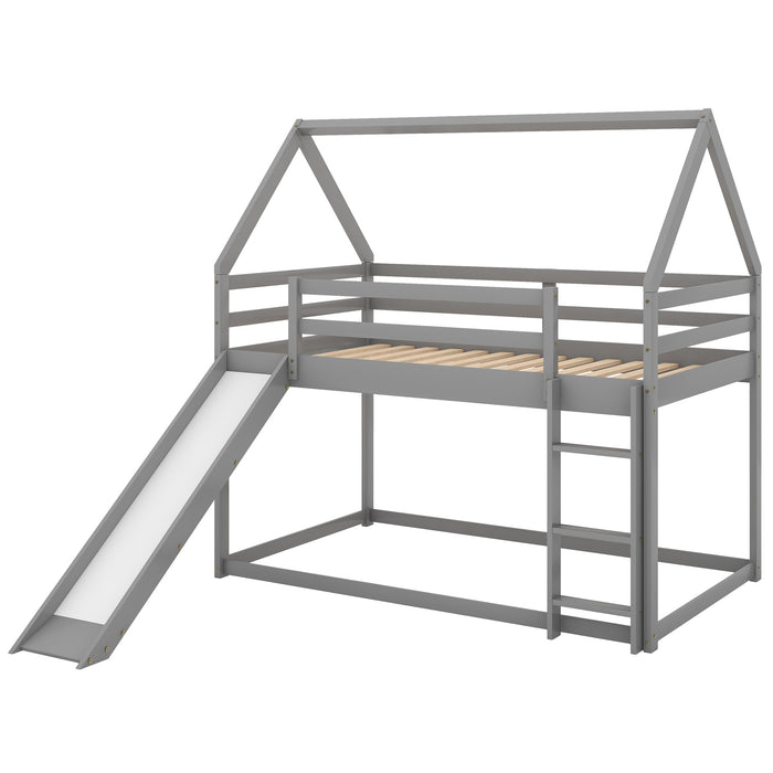 Twin Size Bunk House Bed with Slide and Ladder