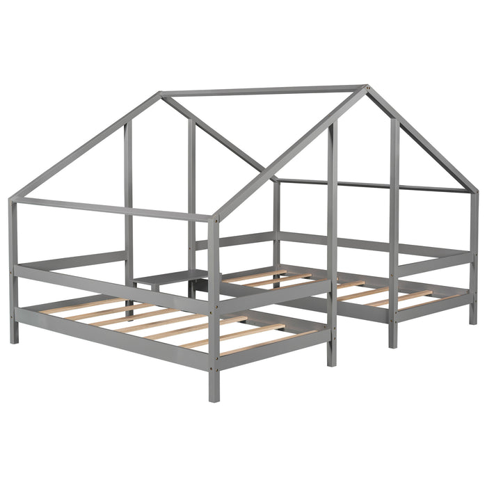Double Twin Size Triangular House Beds with Built-in Table