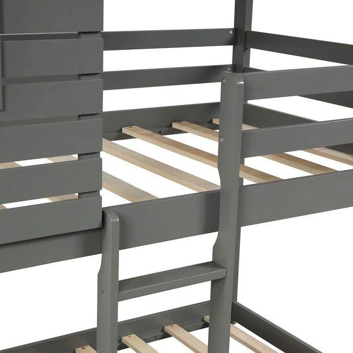 Twin Over Twin Bunk Bed Wood Loft Bed with Roof, Window, Guardrail, Ladder
