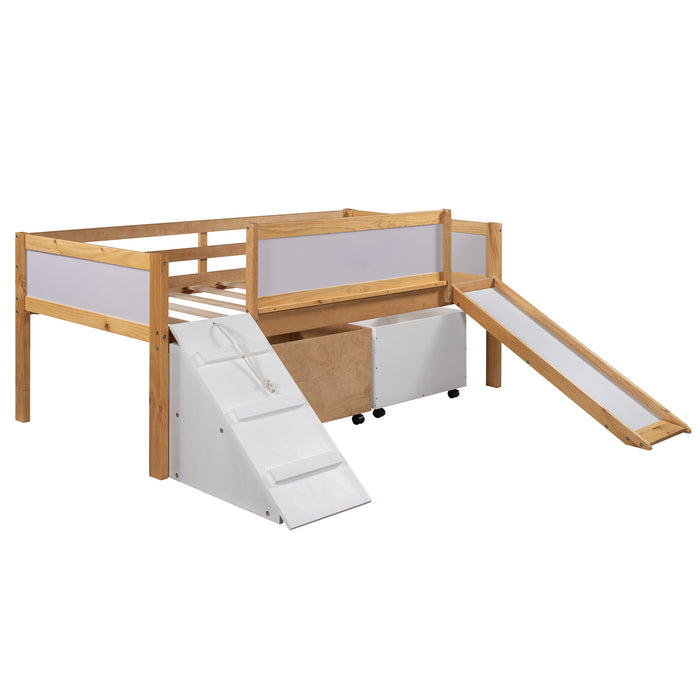 New Space Twin size Low Loft Bed Wooden Bed with Two Storage Boxes
