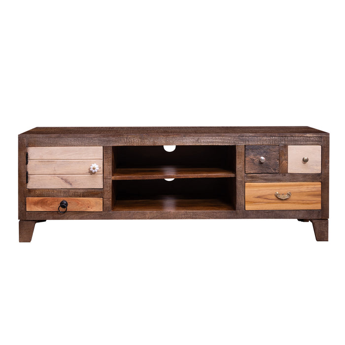 DunaWest 57 Inch 4 Drawer Media Console Cabinet with 1 Door and 2 Open Compartments, Brown