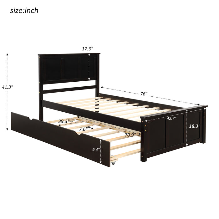 Twin Bed Frames with Headboard, Wood Twin Bed with Trundle, Platform Bed for Guest Room, Boys and Girls, Twin Size, Espresso RT
