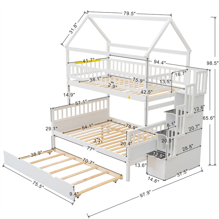 New Space Twin over Full Size House Bunk Bed with Storage Staircase
