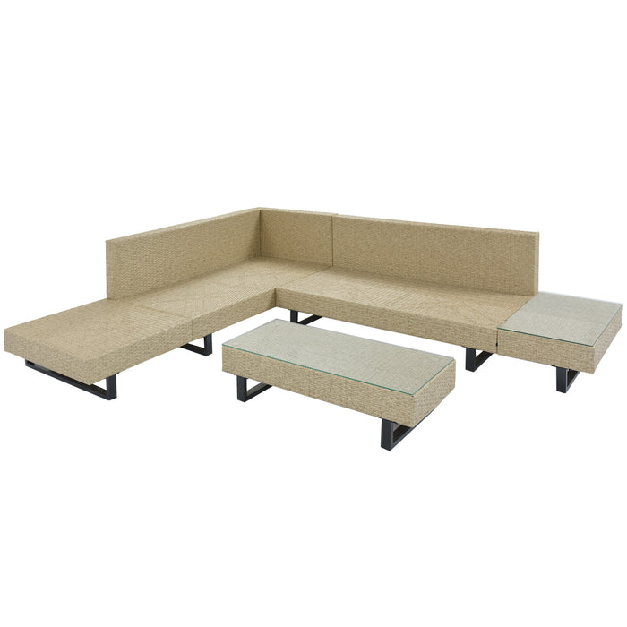 3-piece Outdoor Wicker Sofa Patio Furniture Set, L-shaped Corner Sofa, Water And UV Protected, Two Glass Table, Adjustable Feet And 3.1" Thicker Cushion, Light Gray Cushion and Beige Wicker