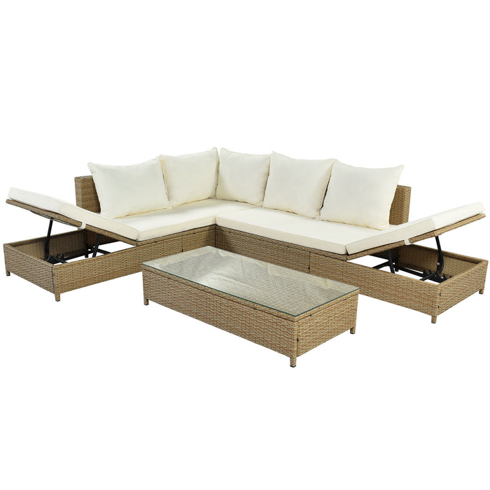 Patio 3-Piece Rattan Sofa Set All Weather PE Wicker Sectional Set with Adjustable Chaise Lounge Frame and Tempered Glass Table, Natural Brown+ Beige Cushion