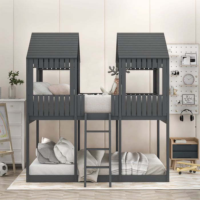 New Space Full Over Full Wood Bunk Bed with Roof Window