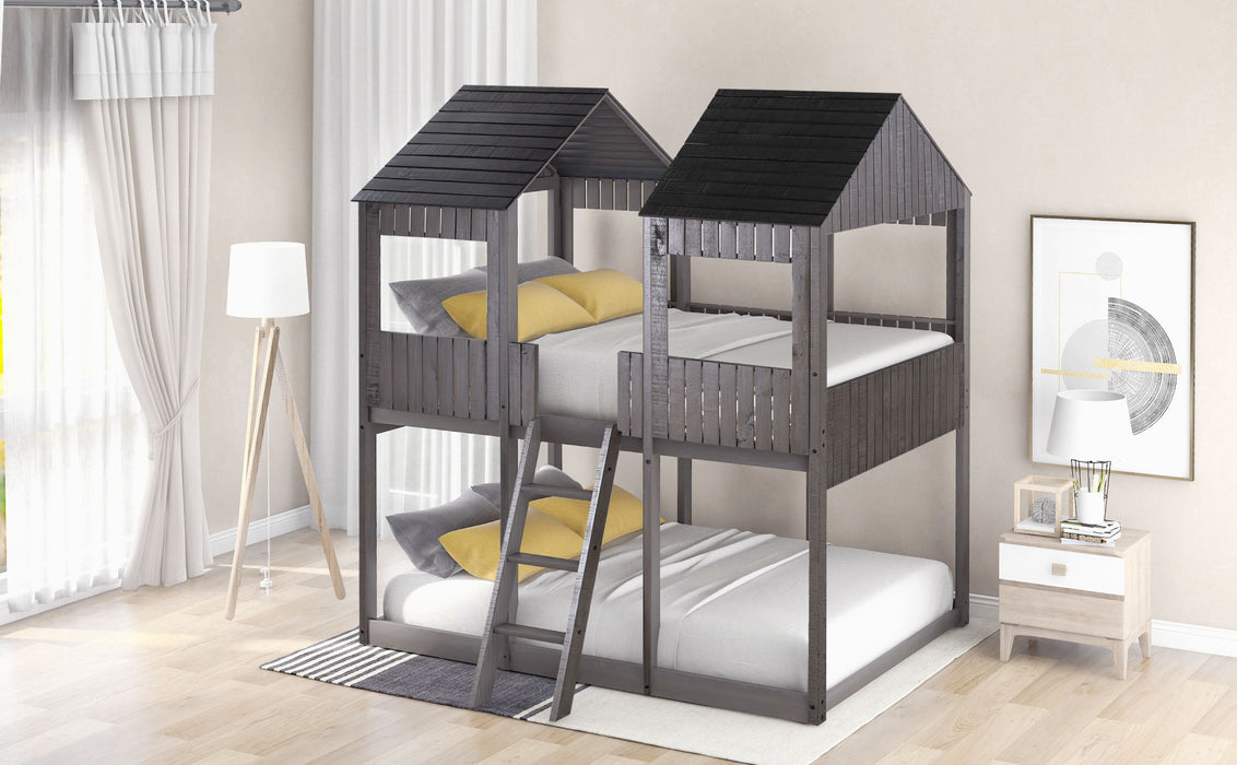 New Space Full Over Full Wood Bunk Bed with Roof Window