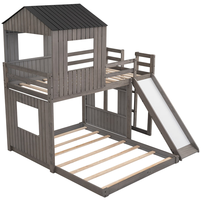 New Space Wooden Twin Over Full Bunk Bed, Loft Bed with Playhouse