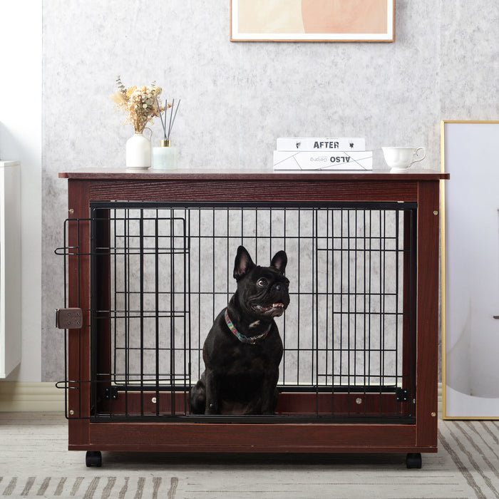 39' Length Furniture Style Pet Dog Crate Cage End Table with Wooden Structure and Iron Wire and Lockable Caters, Medium and Large Dog House Indoor Use.