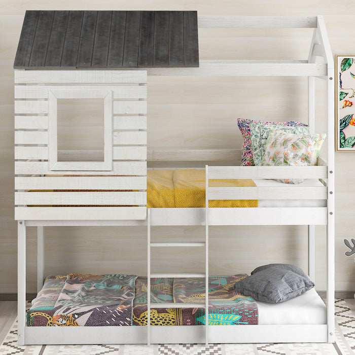 Twin Over Twin Bunk Bed Wood Loft Bed with Roof, Window, Guardrail, Ladder