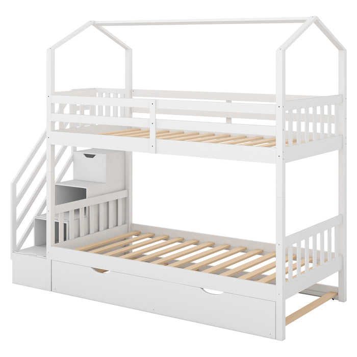 Good Life Twin over Twin House Bunk Bed with Staircase and Storage Space