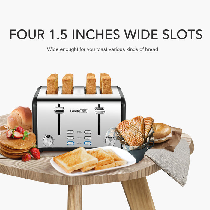 Toaster 4 Slice, Geek Chef Stainless Steel Extra-Wide Slot Toaster with Dual Control Panels of Bagel/Defrost/Cancel Function, 6 Toasting Bread Shade Settings.  YJ