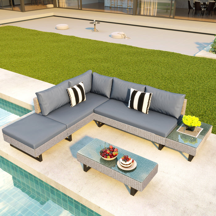 3-piece Outdoor Wicker Sofa Patio Furniture Set, L-shaped Corner Sofa, Water And UV Protected, Two Glass Table, Adjustable Feet And 3.1" Thicker Cushion, Light Gray Cushion and Beige Wicker