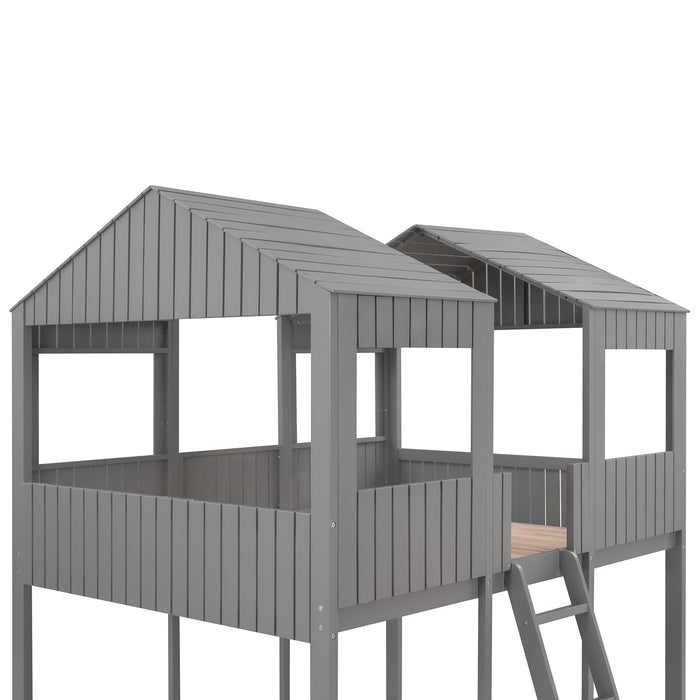 New Space Full Over Full Wood Bunk Bed with Roof Window