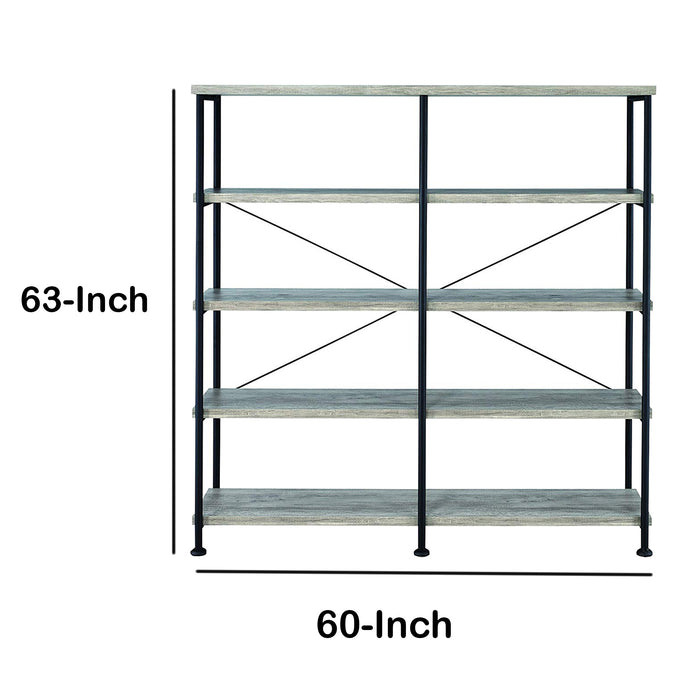 DunaWest 63 Inch Industrial 4 Tier Bookshelf, Particleboard, Metal Frame, Gray, Black