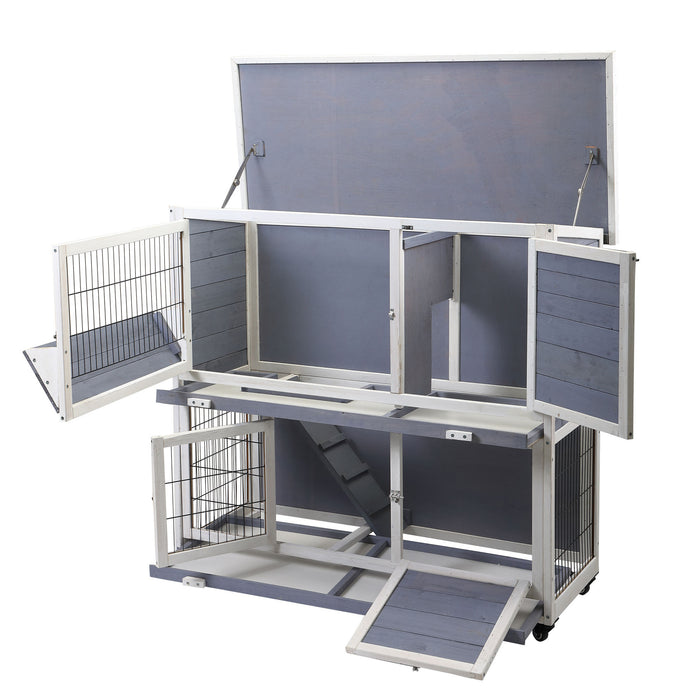 2-Tier Wooden Rabbit Hutch with Wheels, Indoor/Outdoor Pet House with Removable Tray - Gray and White