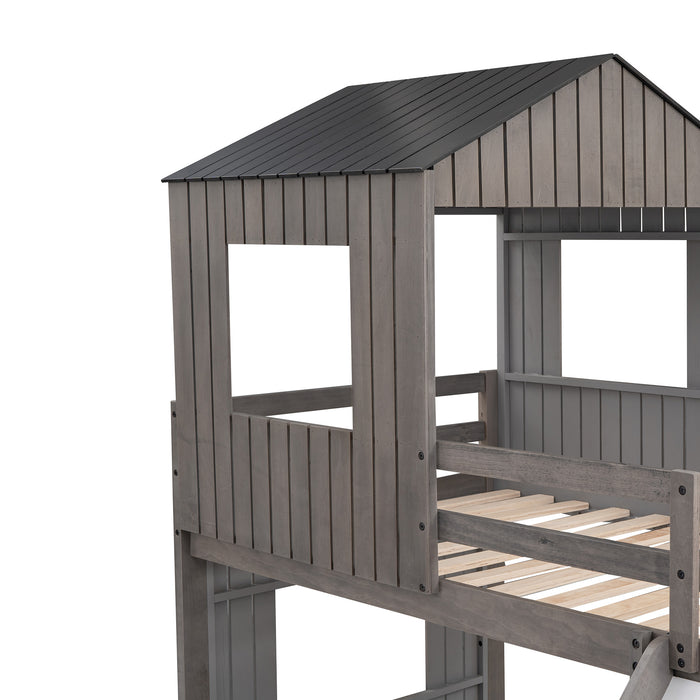New Space Wooden Twin Over Full Bunk Bed, Loft Bed with Playhouse
