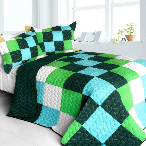 [Elissa Love] Vermicelli-Quilted Patchwork Geometric Quilt Set Full/Queen