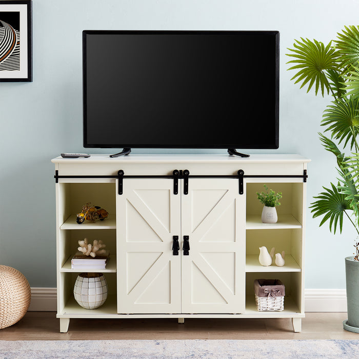 Farmhouse TV Stand with Sliding Barn Doors, Fit up to 55" TVs with 3-Tier Adjustable Open Storage Shelves Painting Tall Entertainment Center for Living Room, White
