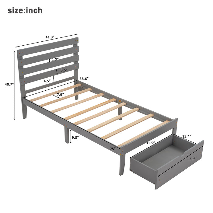 Twin Size Platform Bed with Drawer, Gray RT