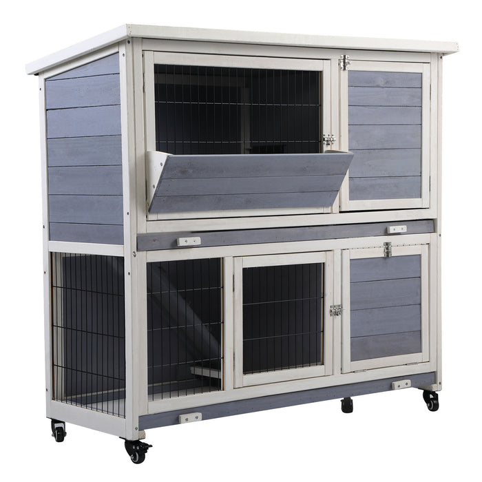 2-Tier Wooden Rabbit Hutch with Wheels, Indoor/Outdoor Pet House with Removable Tray - Gray and White