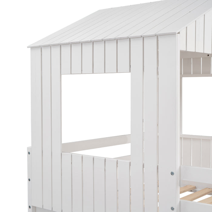 New Space Wooden Twin Over Full Bunk Bed, Loft Bed with Playhouse