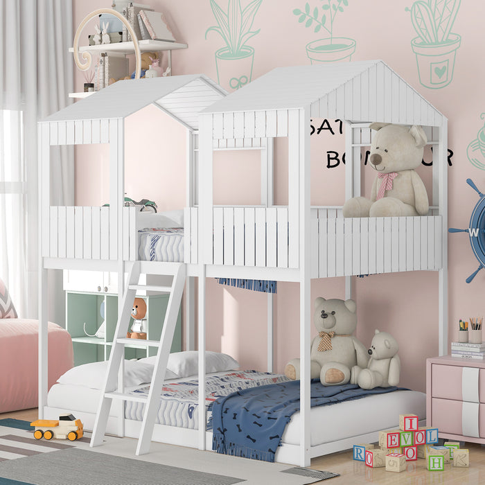 New Space Full Over Full Wood Bunk Bed with Roof Window
