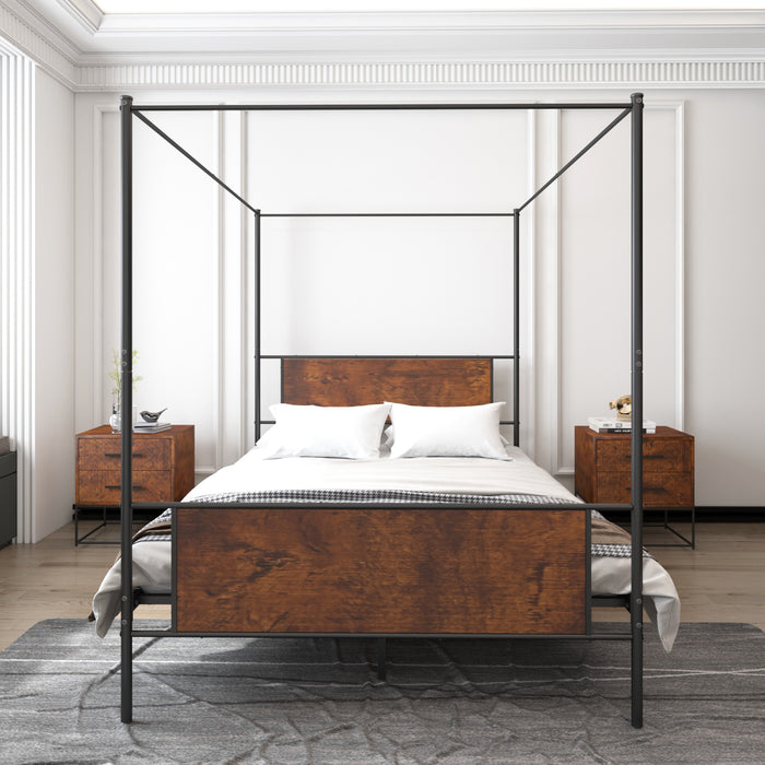 Queen Size Canopy Bed Frame with Wooden Headboard