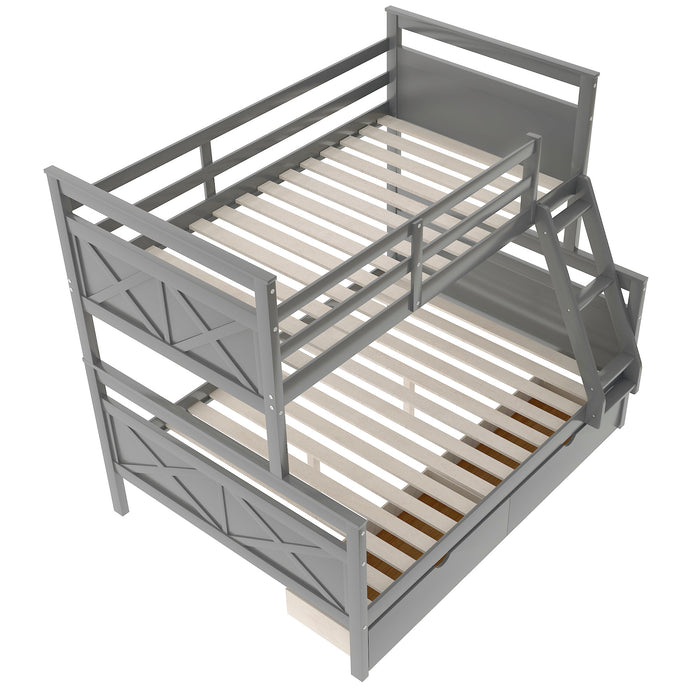 Twin over Full Bunk Bed with Ladder, Two Storage Drawers, Safety Guardrail, Gray