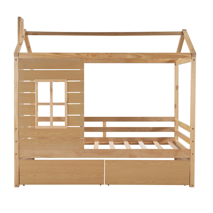 Twin Size House Bed Wood Bed with Two Drawers