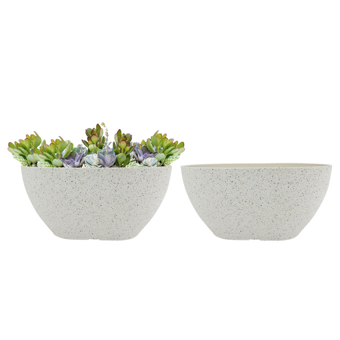 2 Pcs 14" Oval Plant Pots, Flower Pots with Drainage Holes, Plastic Planter with Marble Pattern for Home Garden, White