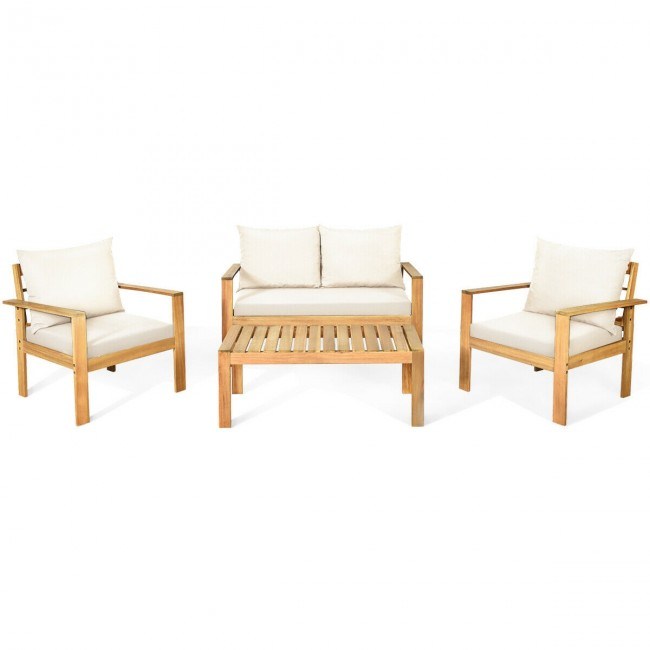 4 Pieces Patio Acacia Wood Thick Cushion Loveseat Sofa Set