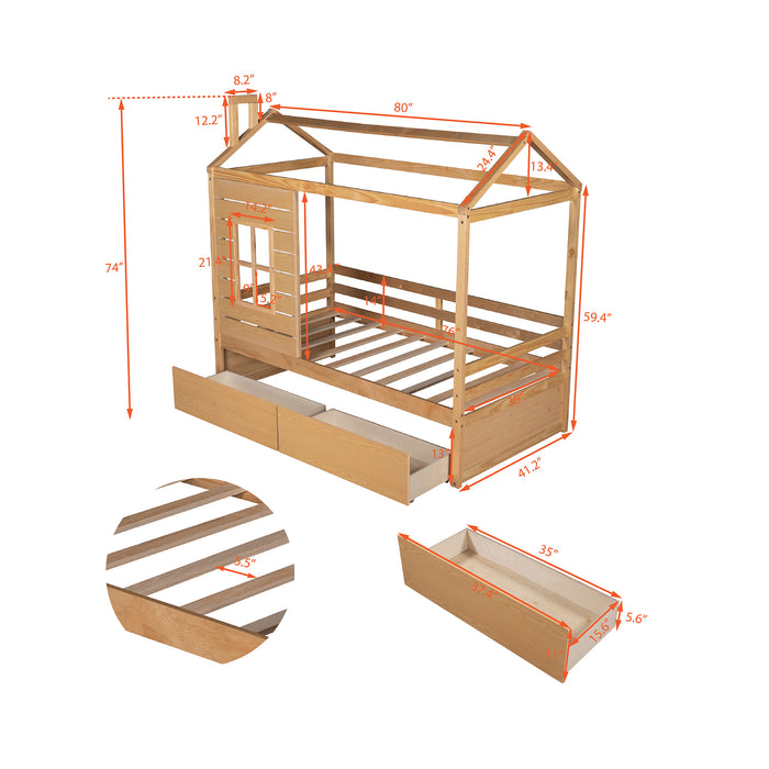 Twin Size House Bed Wood Bed with Two Drawers