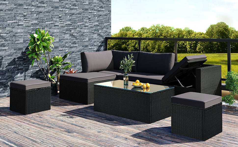 Large Outdoor Wicker Sofa Set, PE Rattan, Movable Cushion, Sectional Lounger Sofa, For Backyard, Porch, Pool, Beige