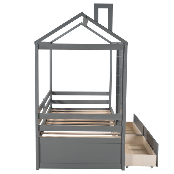 Twin Size House Bed Wood Bed with Two Drawers